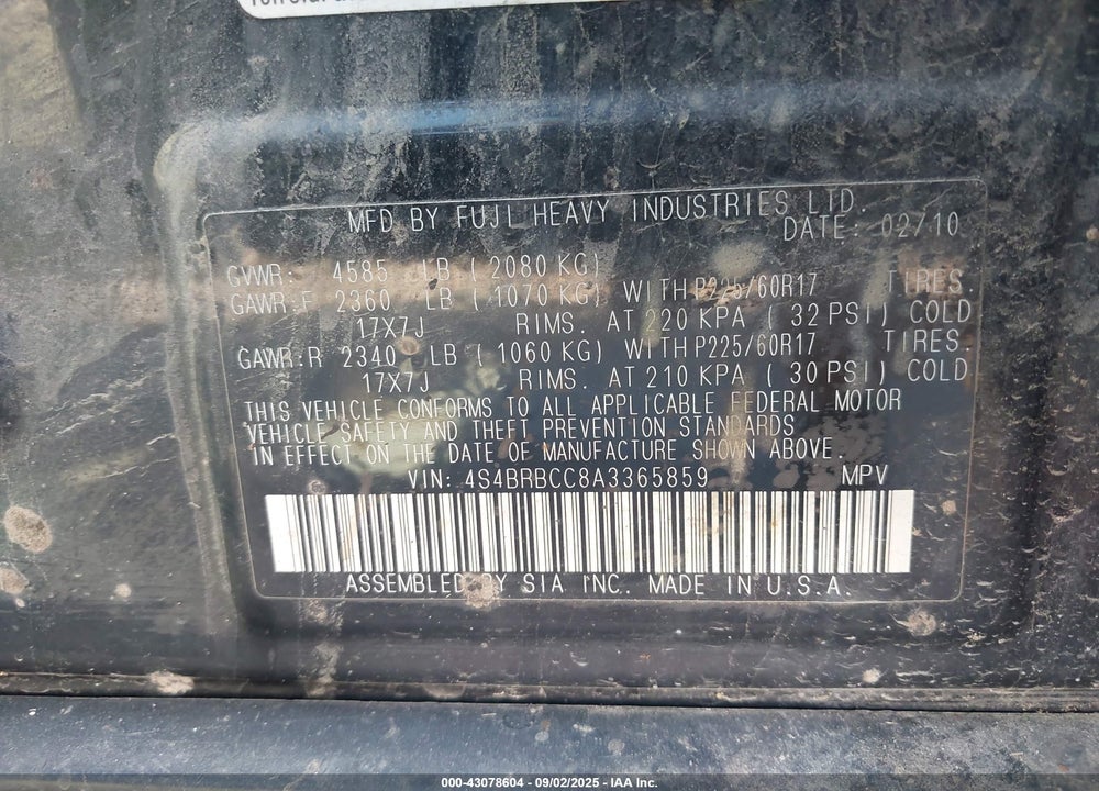 2010 SUBARU OUTBACK VIN: 4S4BRBCC8A3365859