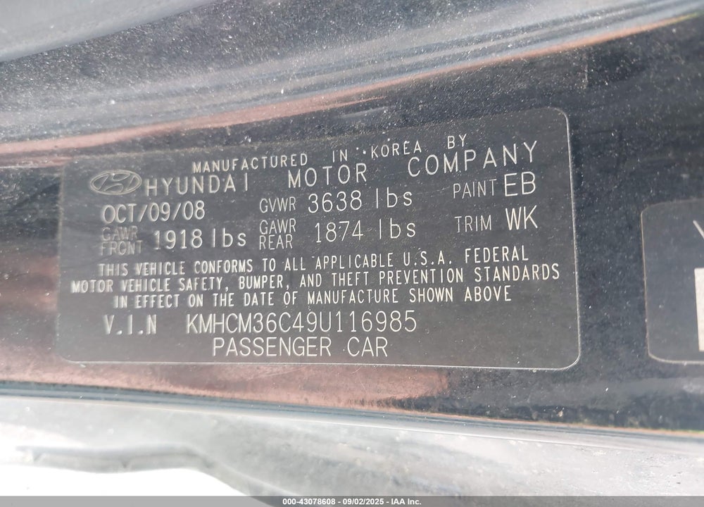 2009 HYUNDAI ACCENT VIN: KMHCM36C49U116985
