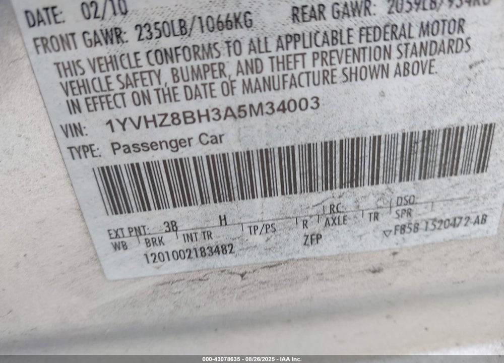 2010 MAZDA 6 VIN: 1YVHZ8BH3A5M34003