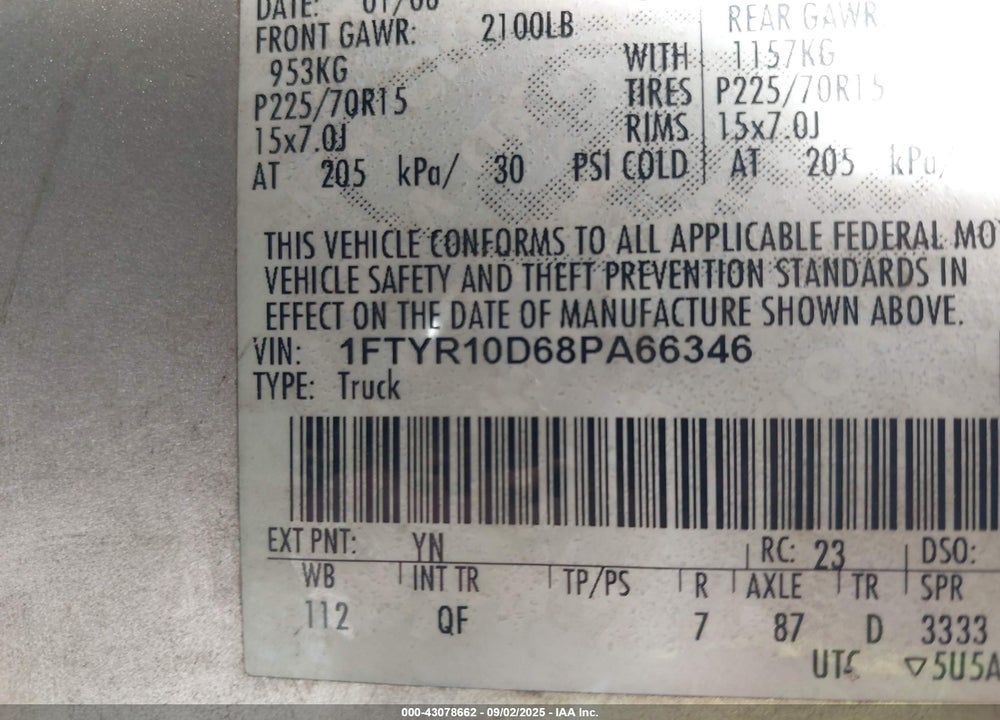 2008 FORD RANGER XL/XLT VIN: 1FTYR10D68PA66346