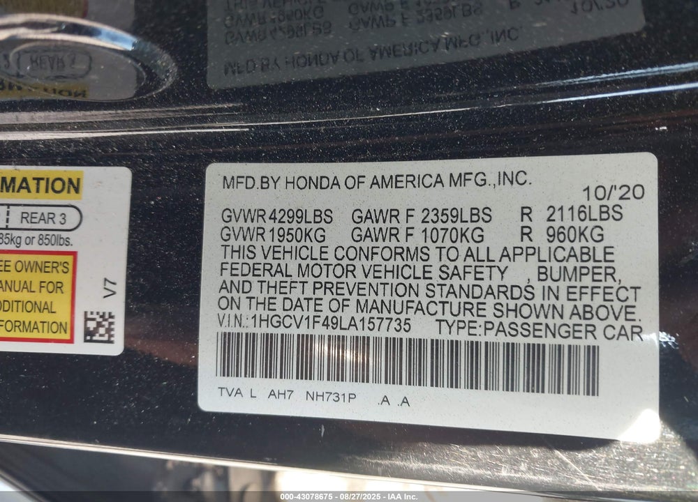 2020 HONDA ACCORD VIN: 1HGCV1F49LA157735