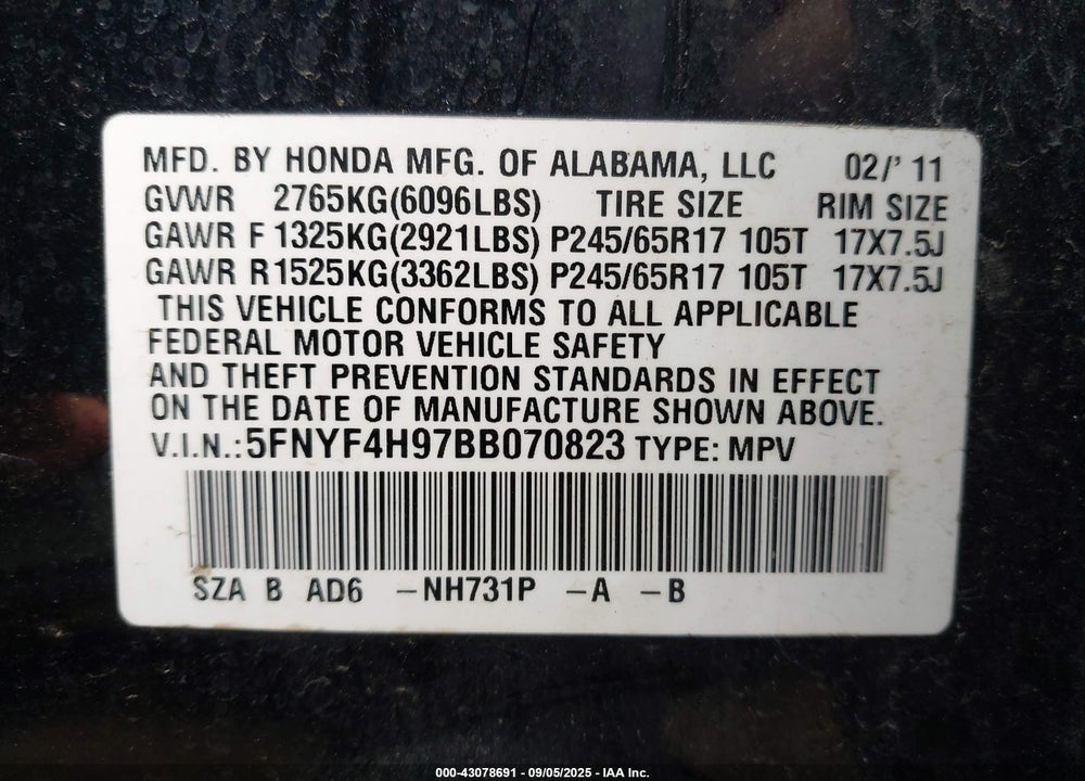 2011 HONDA PILOT TOURING VIN: 5FNYF4H97BB070823