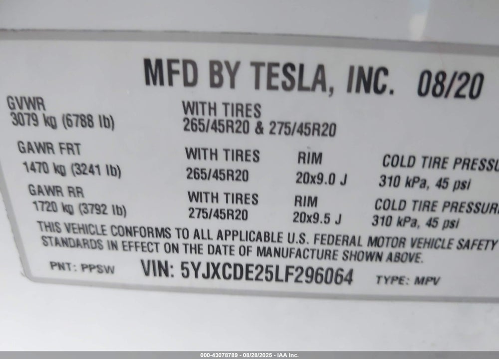 2020 TESLA MODEL X VIN: 5YJXCDE25LF296064