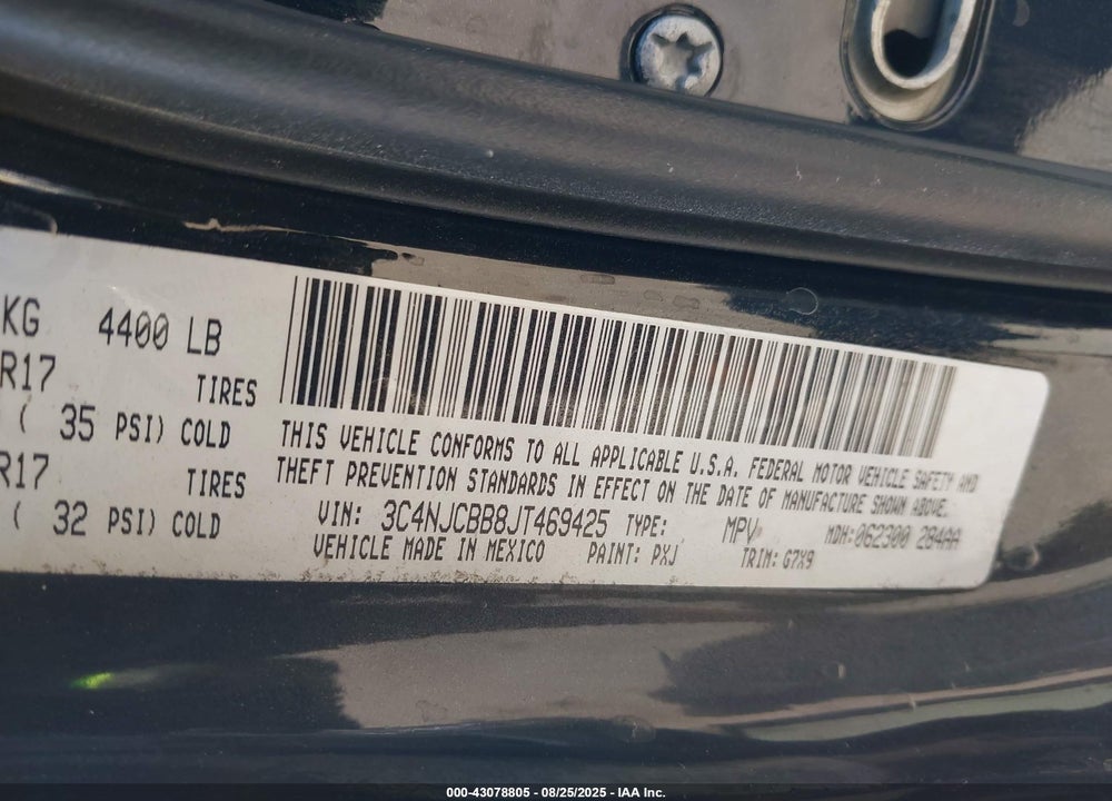 2018 JEEP COMPASS VIN: 3C4NJCBB8JT469425