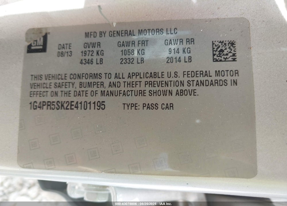 2014 BUICK VERANO VIN: 1G4PR5SK2E4101195