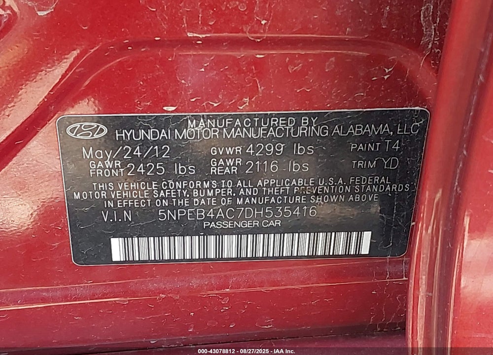 2013 HYUNDAI SONATA GLS VIN: 5NPEB4AC7DH535416