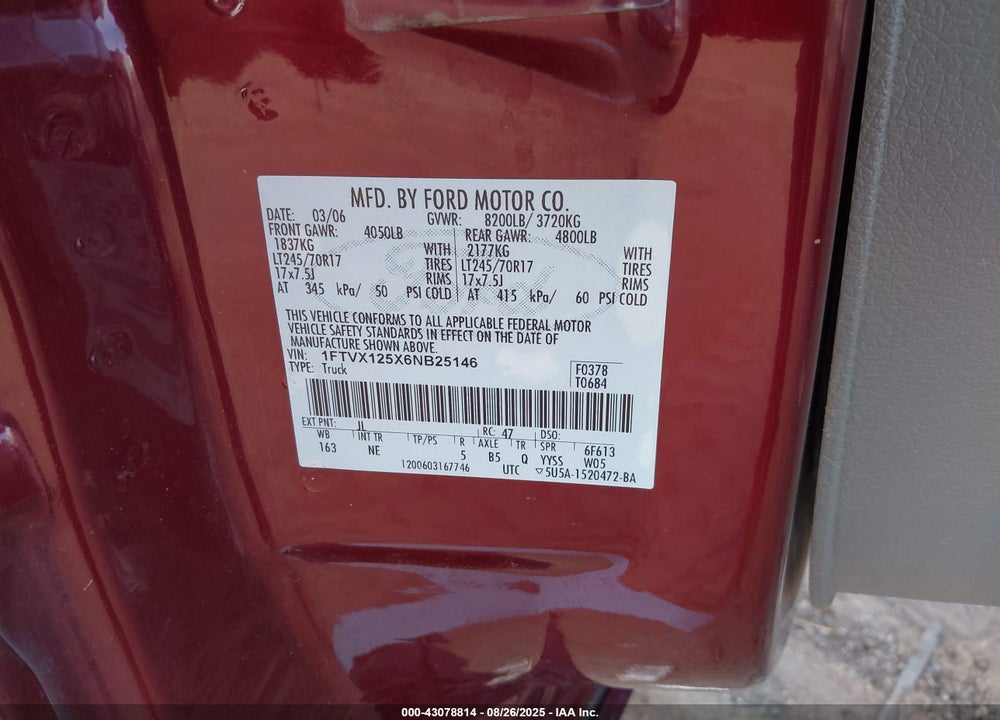 2006 FORD F-150 VIN: 1FTVX125X6NB25146
