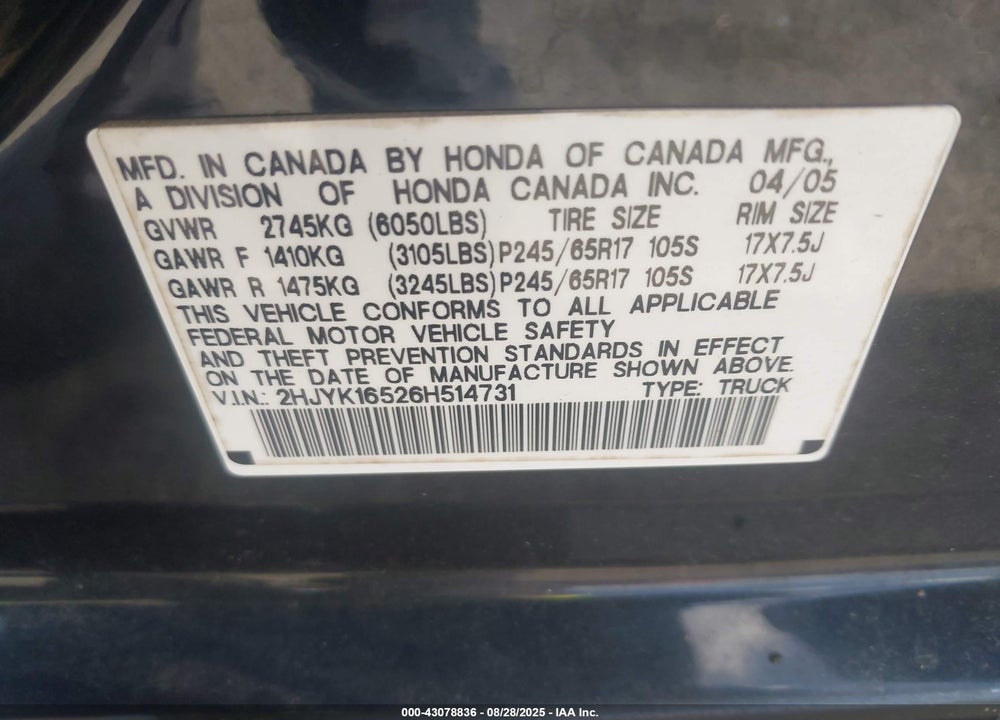2006 HONDA RIDGELINE VIN: 2HJYK16526H514731