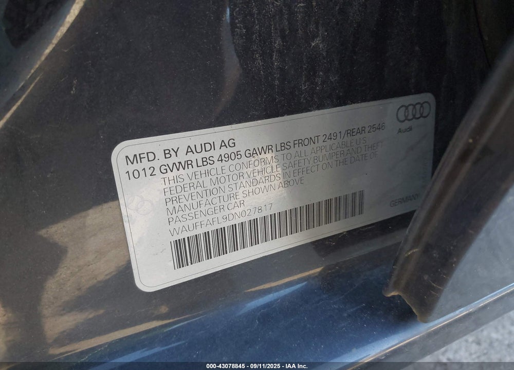 2013 AUDI A4 VIN: WAUFFAFL9DN027817