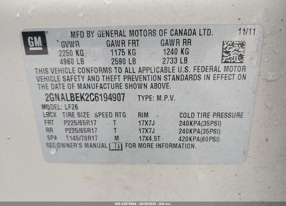 2012 CHEVROLET EQUINOX VIN: 2GNALBEK2C6194907