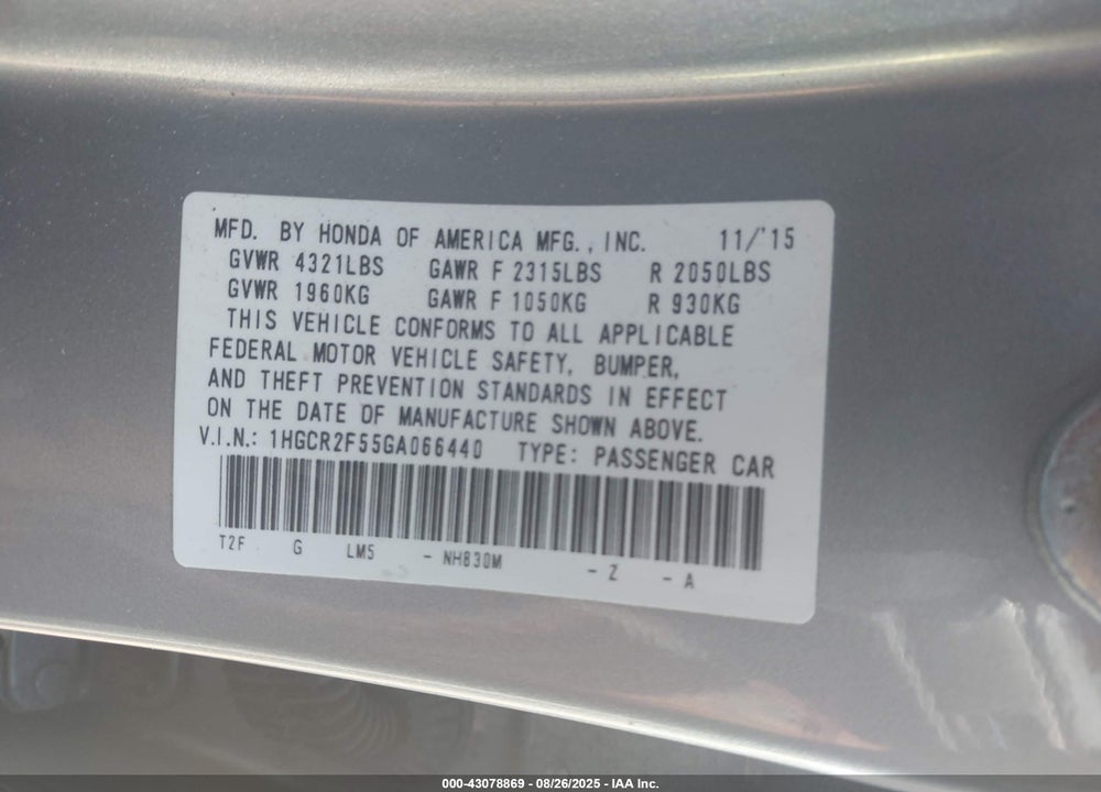 2016 HONDA ACCORD VIN: 1HGCR2F55GA066440