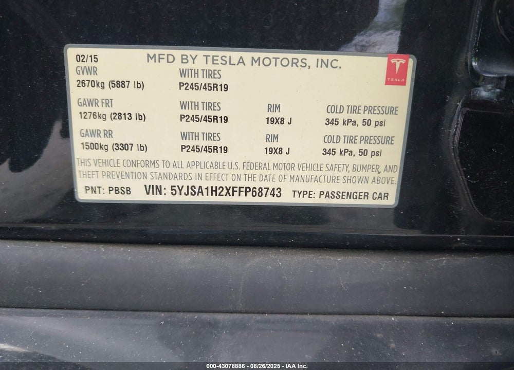 2015 TESLA MODEL S VIN: 5YJSA1H2XFFP68743