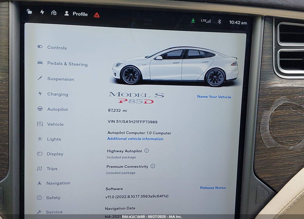 2015 TESLA MODEL S VIN: 5YJSA1H21FFP73989