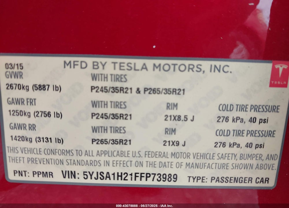 2015 TESLA MODEL S VIN: 5YJSA1H21FFP73989