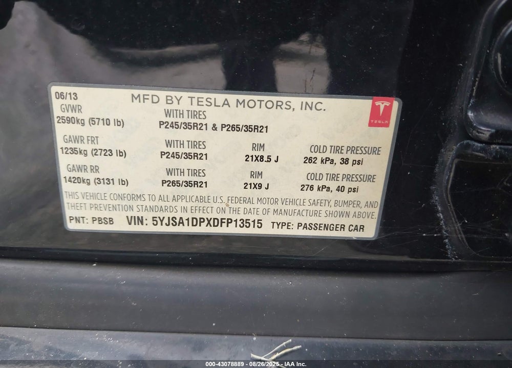 2013 TESLA MODEL S VIN: 5YJSA1DPXDFP13515