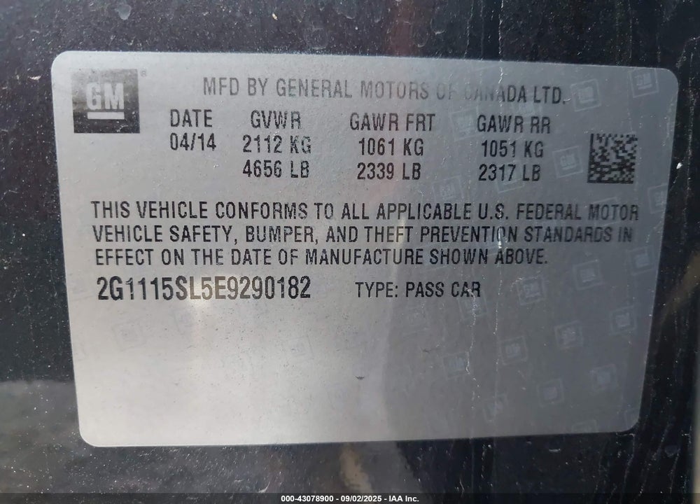 2014 CHEVROLET IMPALA VIN: 2G1115SL5E9290182
