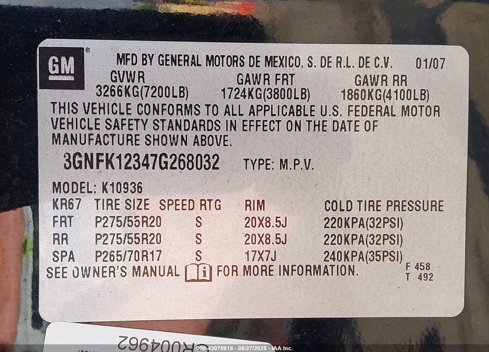 2007 CHEVROLET AVALANCHE VIN: 3GNFK12347G268032