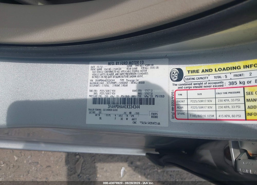 2012 FORD FUSION VIN: 3FAHP0HA4CR334344