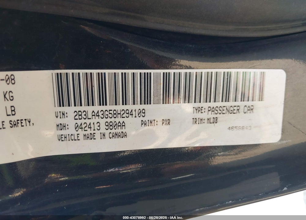 2008 DODGE CHARGER VIN: 2B3LA43G58H294109