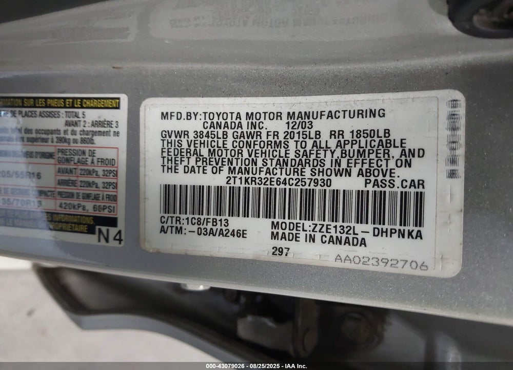 2004 TOYOTA MATRIX/XR VIN: 2T1KR32E64C257930