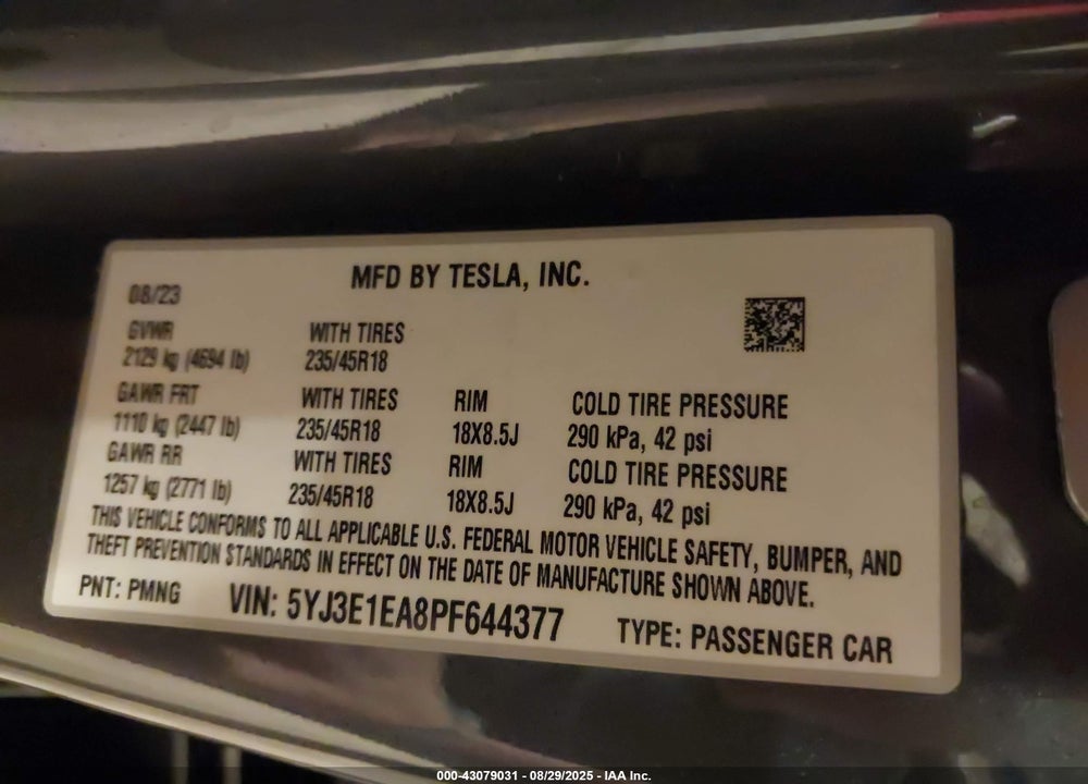 2023 TESLA MODEL 3 VIN: 5YJ3E1EA8PF644377