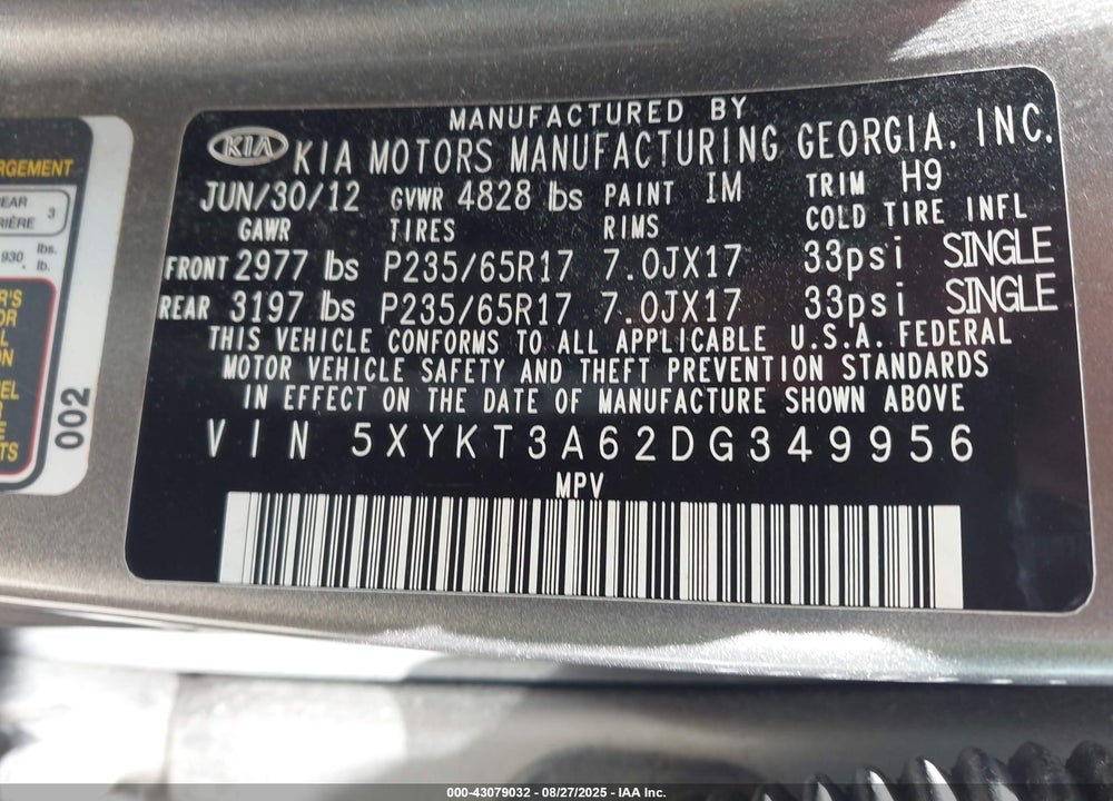 2013 KIA SORENTO VIN: 5XYKT3A62DG349956