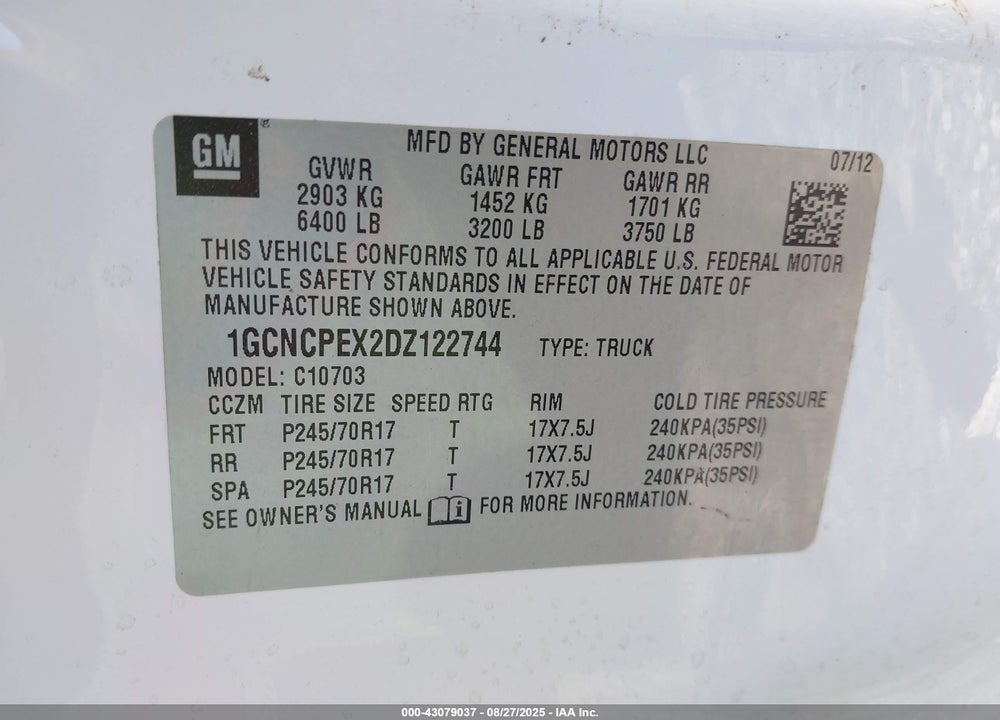 2013 CHEVROLET SILVERADO 1500 WORK TRUCK VIN: 1GCNCPEX2DZ122744