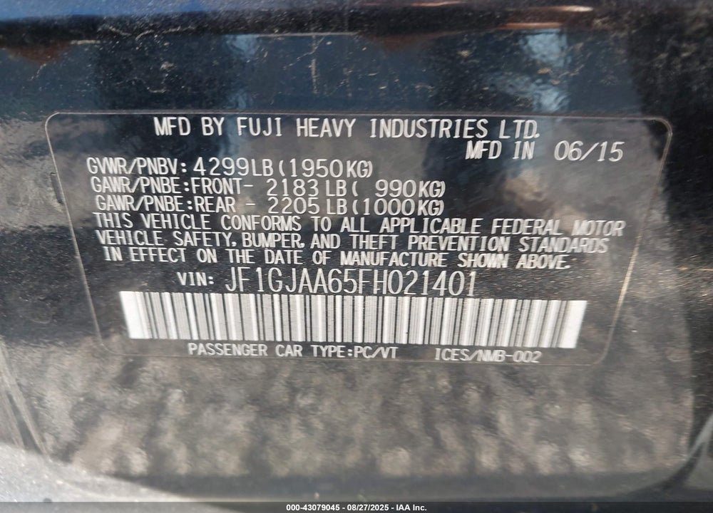2015 SUBARU IMPREZA VIN: JF1GJAA65FH021401