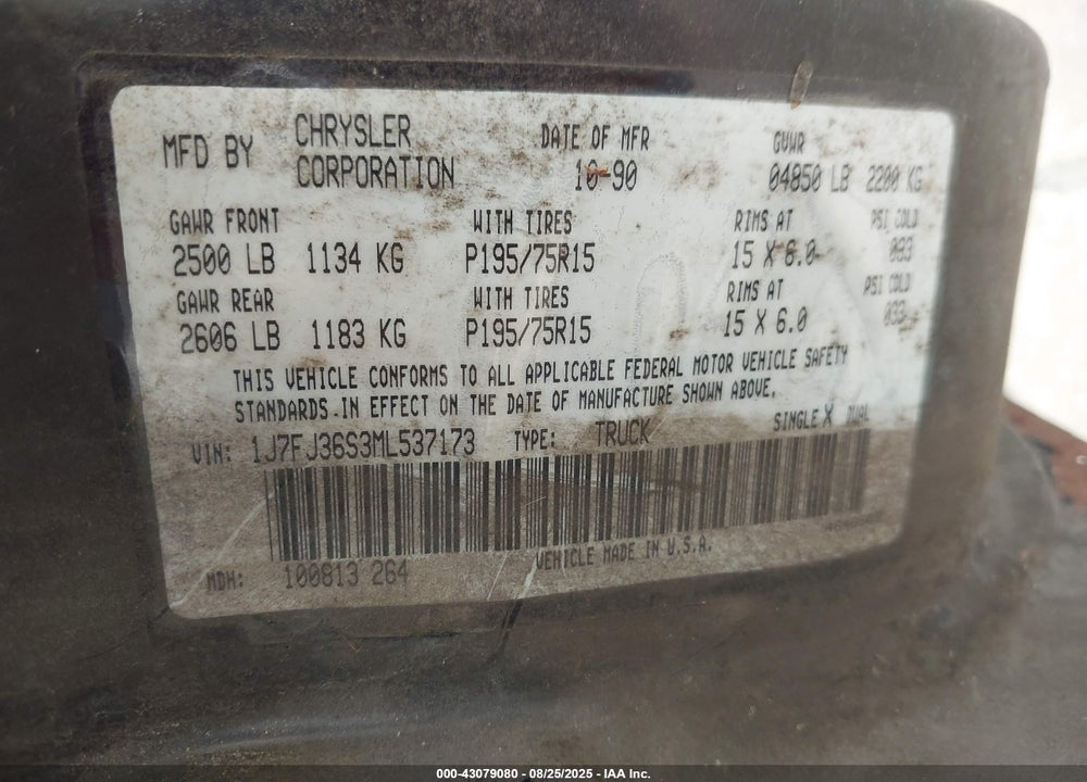 1991 JEEP COMANCHE PIONEER VIN: 1J7FJ36S3ML537173