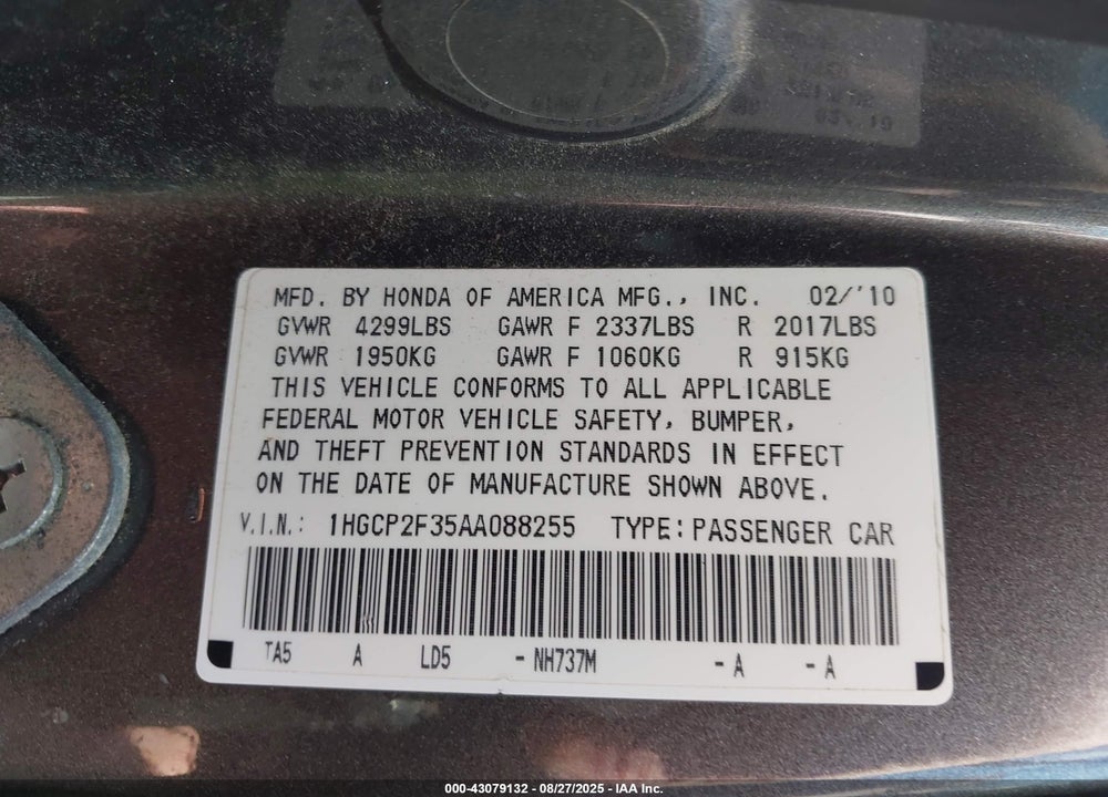 2010 HONDA ACCORD VIN: 1HGCP2F35AA088255
