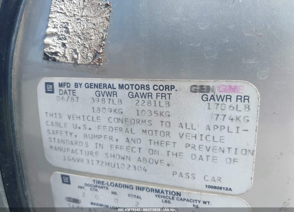 1987 CADILLAC ALLANTE VIN: 1G6VR3172HU102304