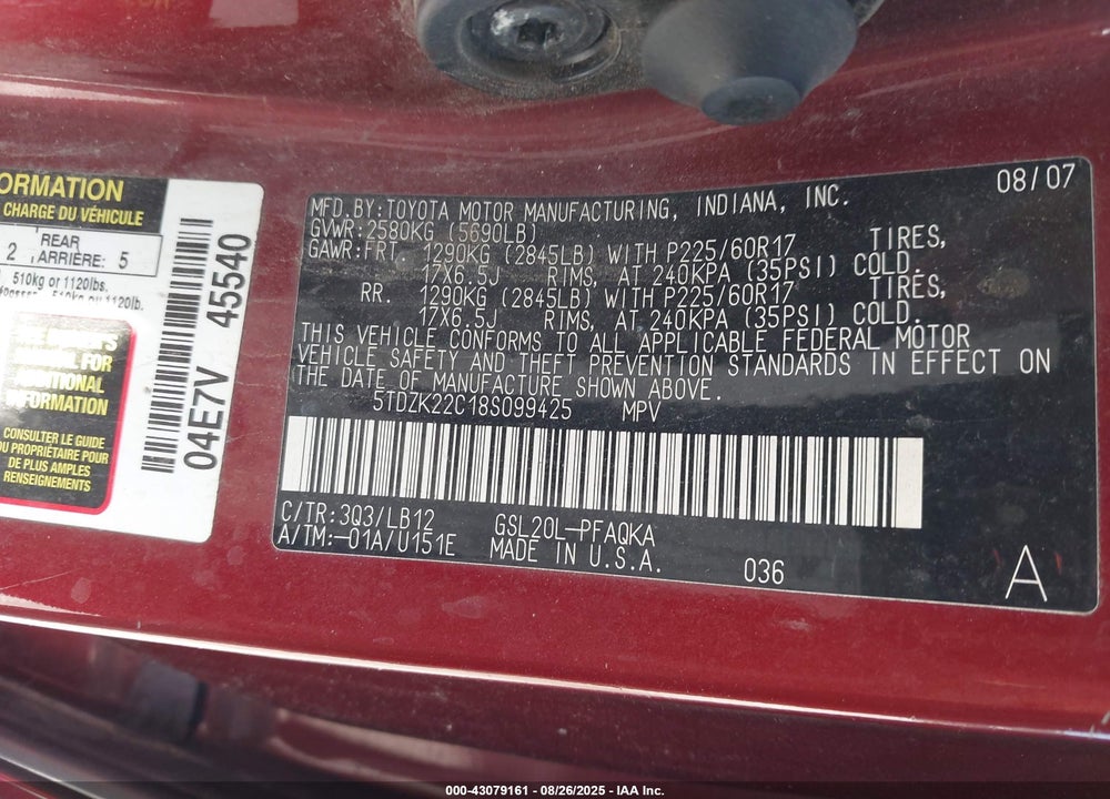2008 TOYOTA SIENNA LIMITED VIN: 5TDZK22C18S099425