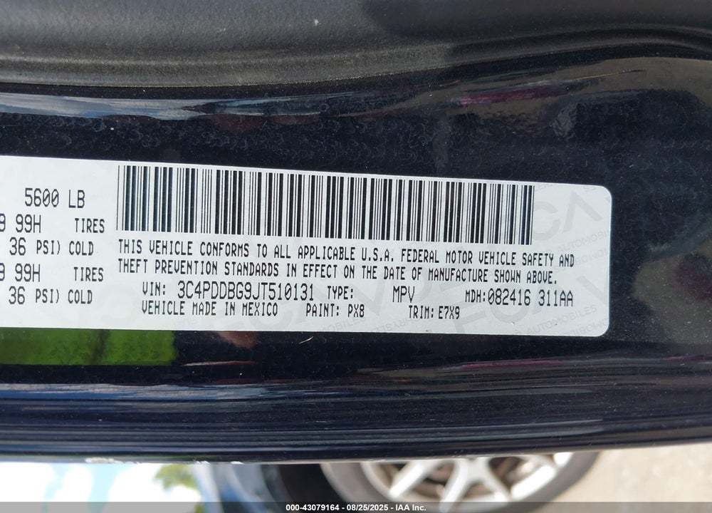 2018 DODGE JOURNEY VIN: 3C4PDDBG9JT510131