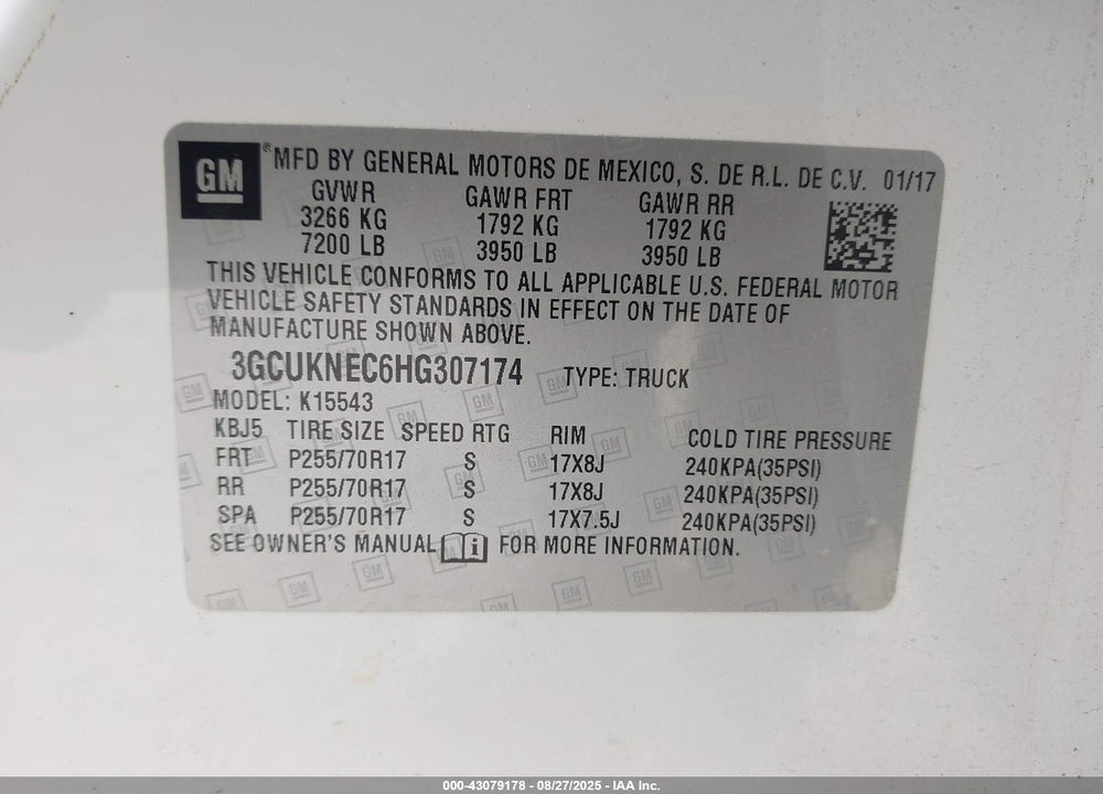 2017 CHEVROLET SILVERADO 1500 LS VIN: 3GCUKNEC6HG307174