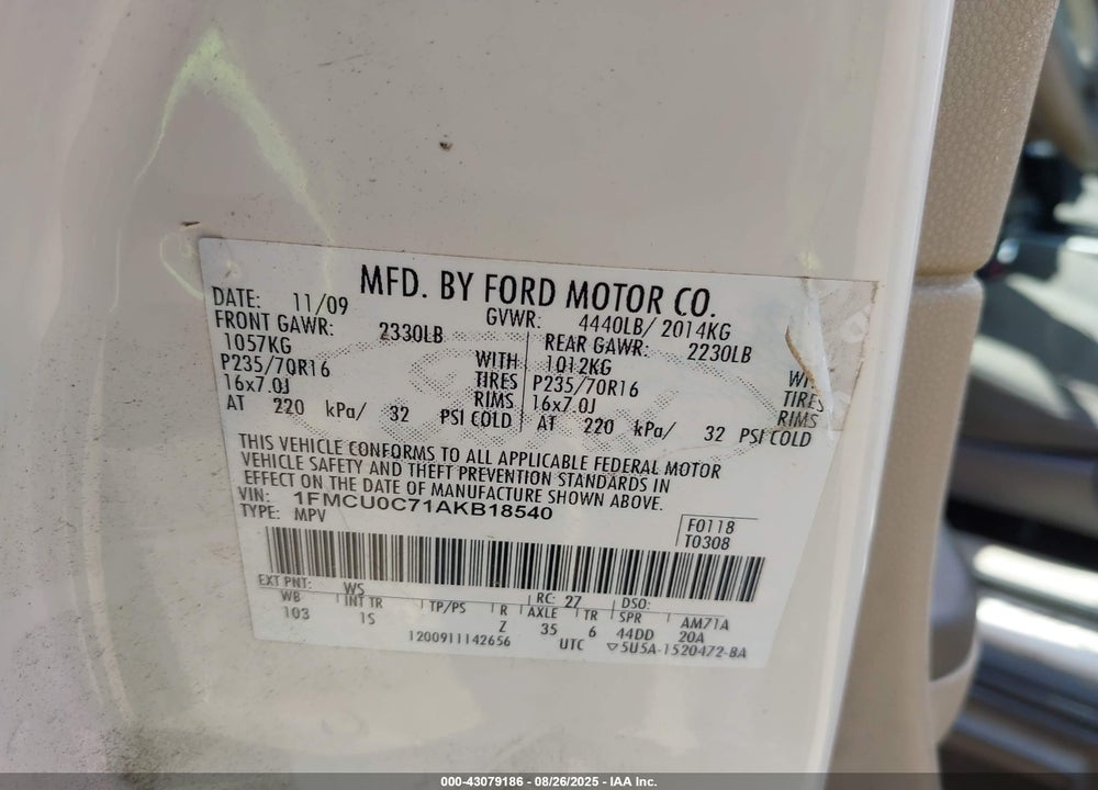 2010 FORD ESCAPE VIN: 1FMCU0C71AKB18540
