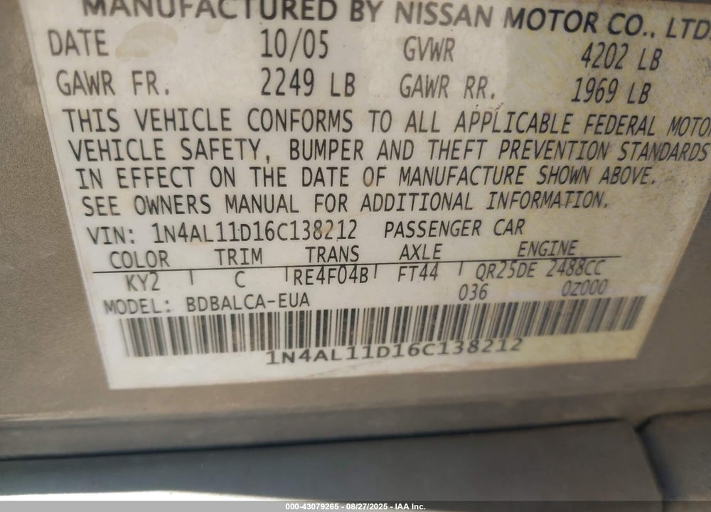 2006 NISSAN ALTIMA 2.5 S VIN: 1N4AL11D16C138212