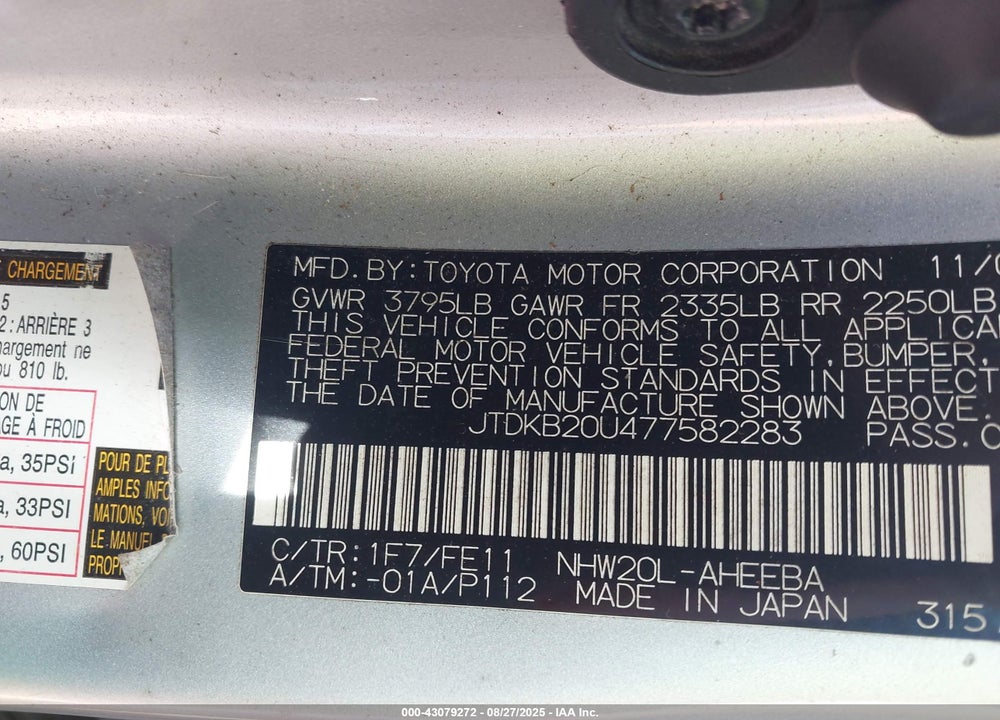 2007 TOYOTA PRIUS VIN: JTDKB20U477582283