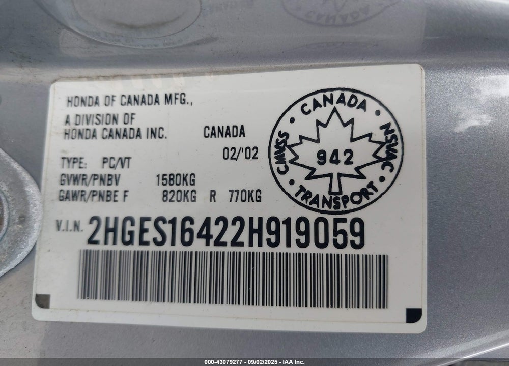2002 HONDA CIVIC DX VIN: 2HGES16422H919059