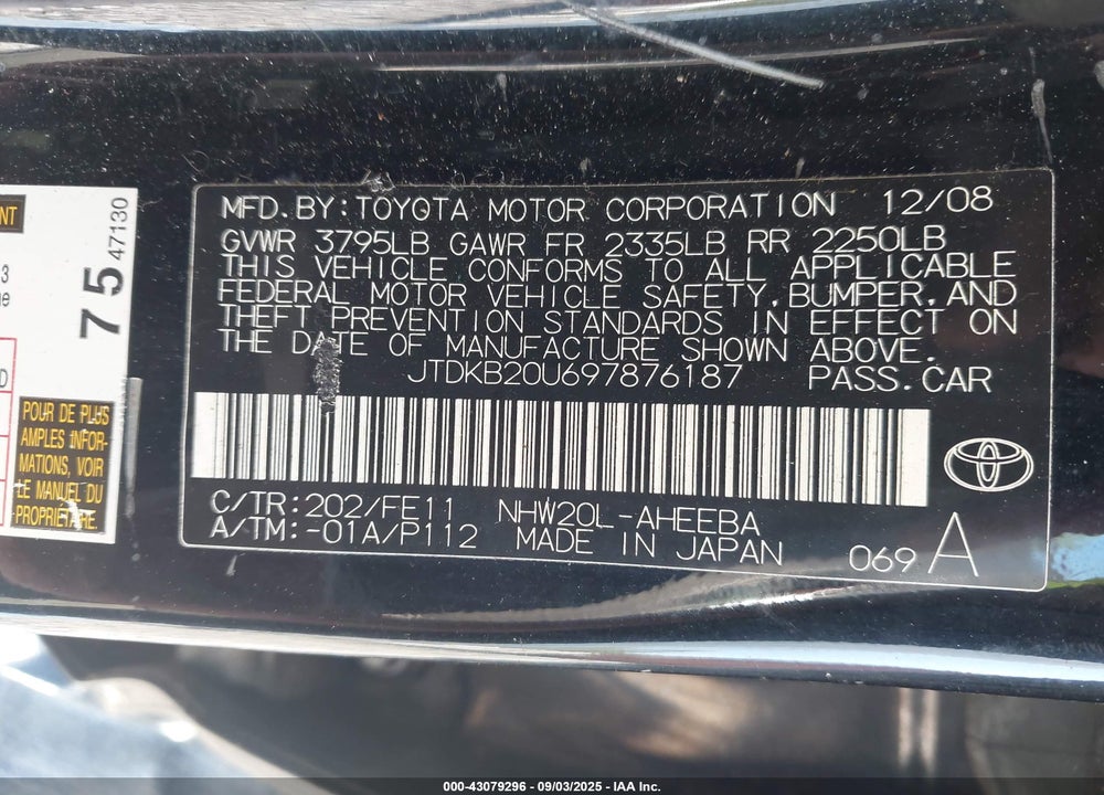 2009 TOYOTA PRIUS VIN: JTDKB20U697876187