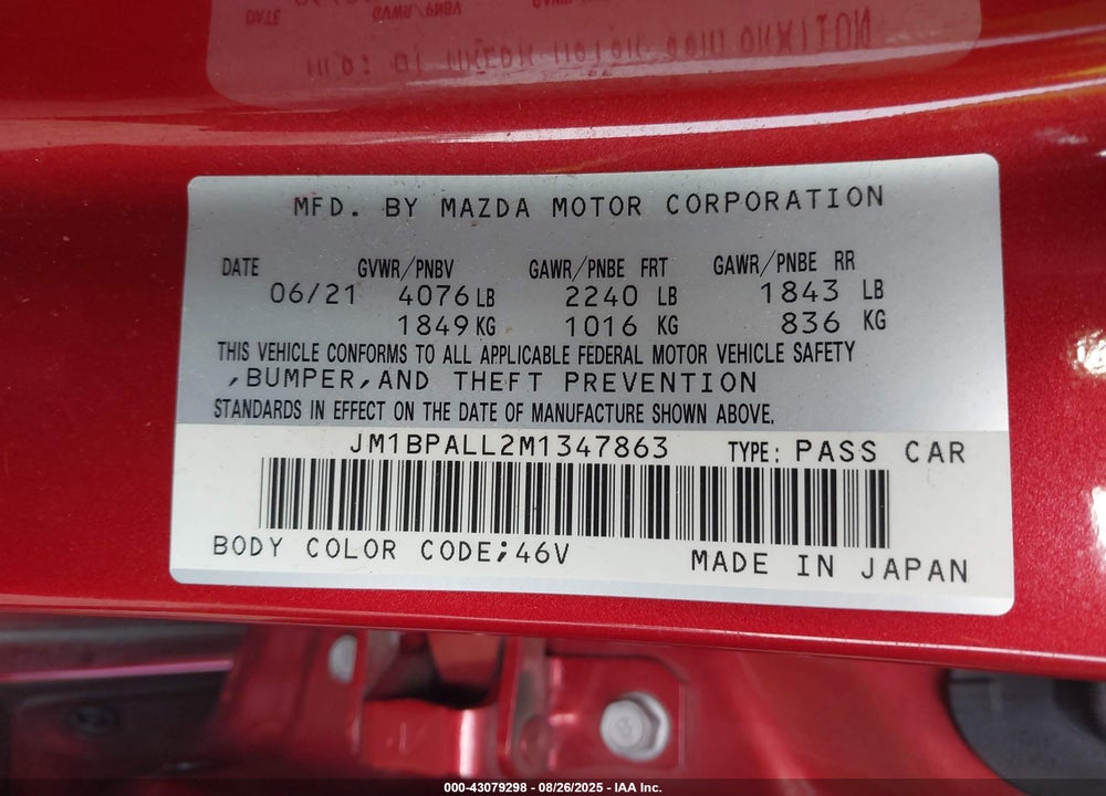 2021 MAZDA 3 VIN: JM1BPALL2M1347863