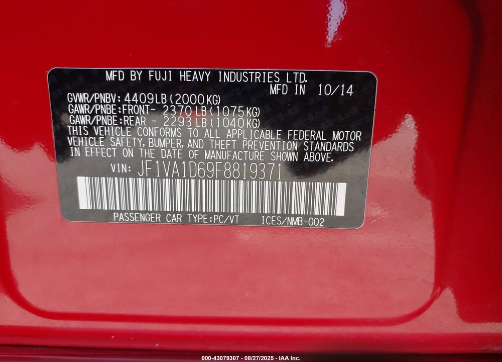 2015 SUBARU WRX VIN: JF1VA1D69F8819371