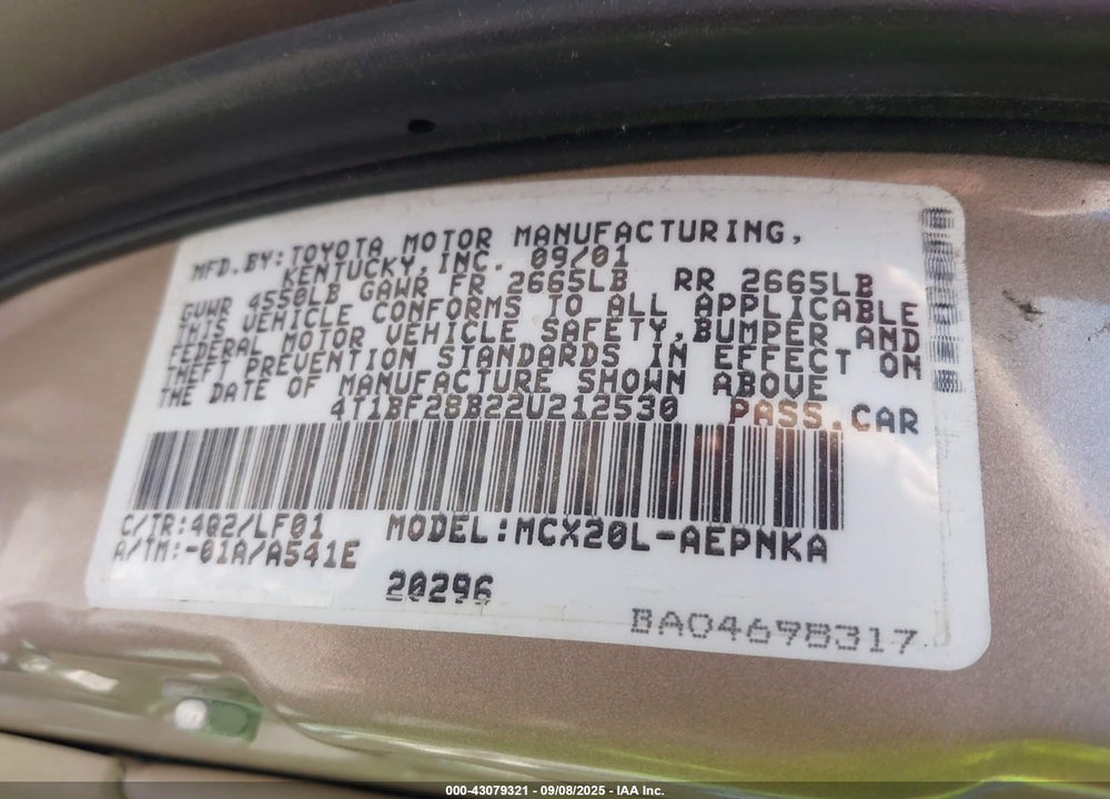 2002 TOYOTA AVALON XL VIN: 4T1BF28B22U212530
