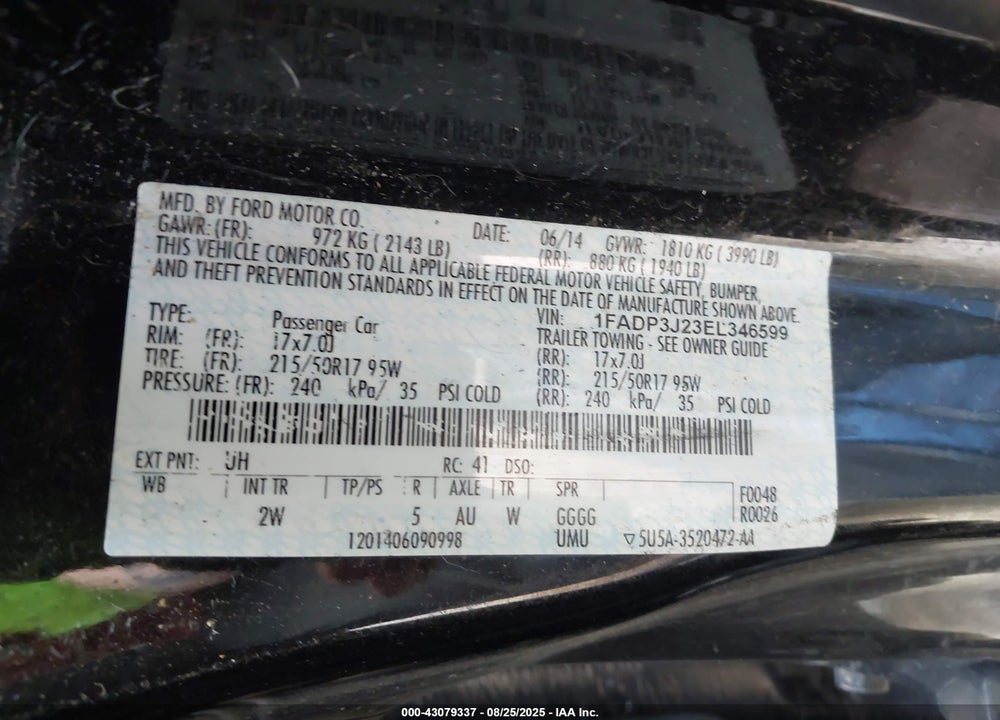 2014 FORD FOCUS VIN: 1FADP3J23EL346599