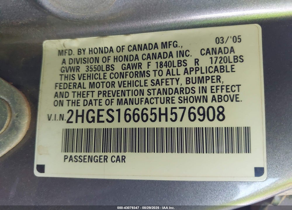 2005 HONDA CIVIC LX VIN: 2HGES16665H576908