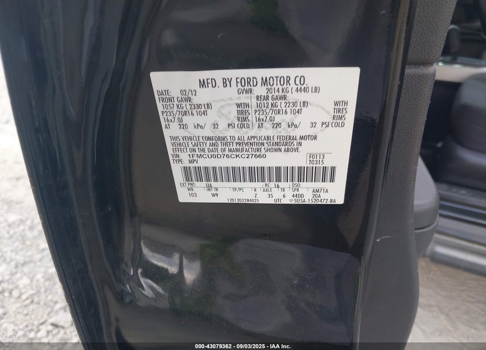 2012 FORD ESCAPE VIN: 1FMCU0D76CKC27660