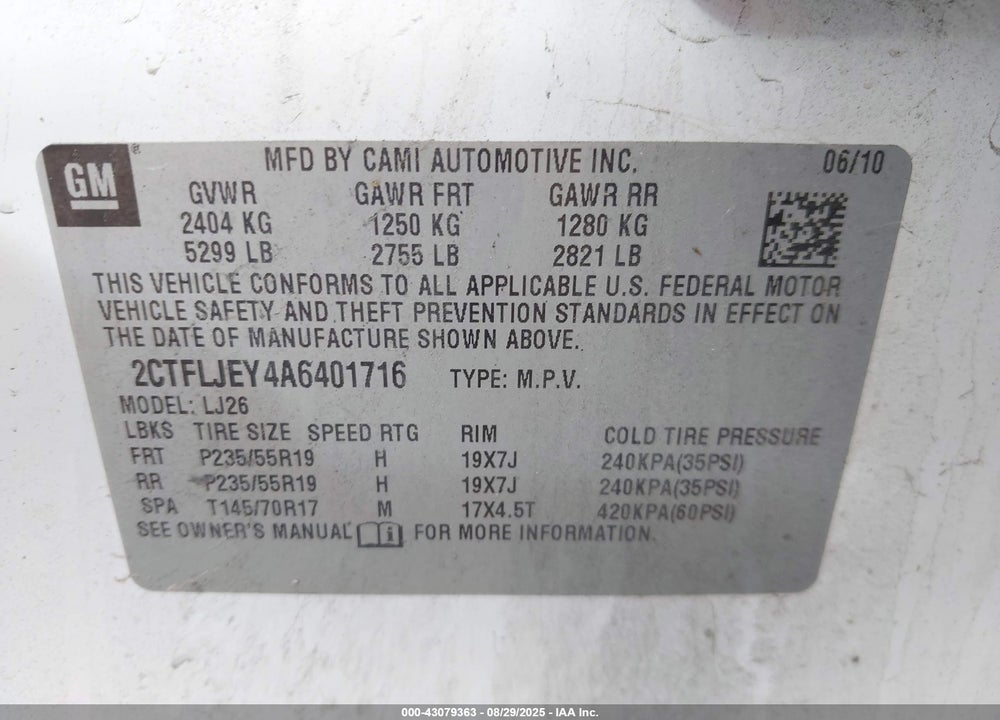 2010 GMC TERRAIN VIN: 2CTFLJEY4A6401716