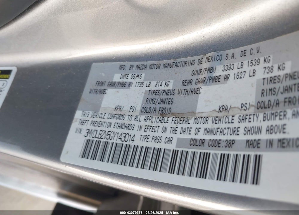 2016 SCION IA VIN: 3MYDLBZV5GY143014