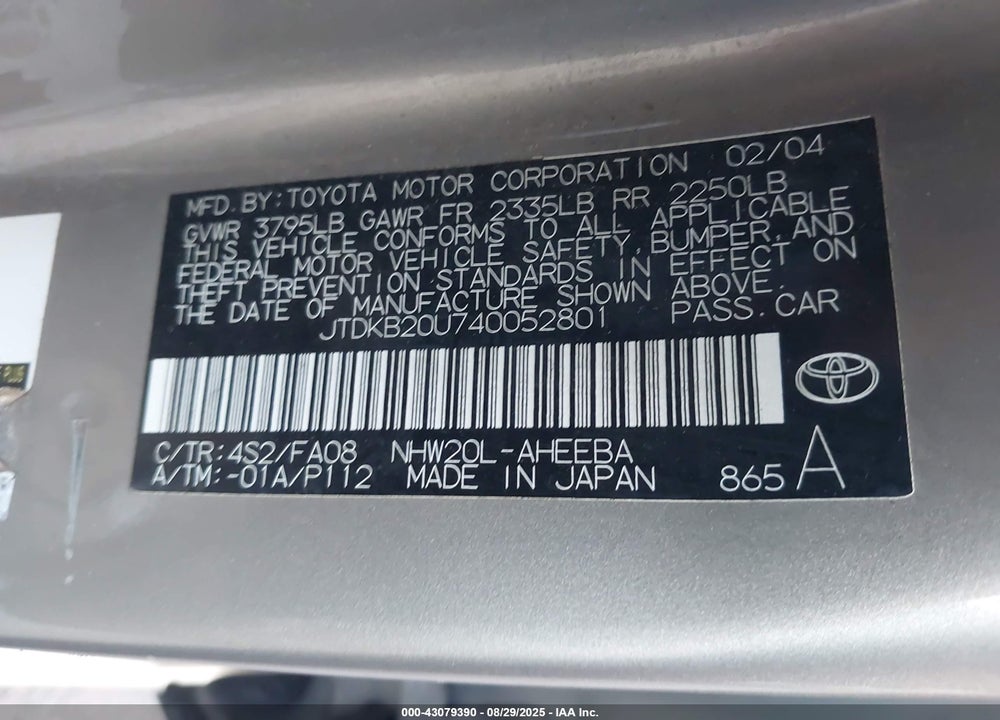 2004 TOYOTA PRIUS VIN: JTDKB20U740052801