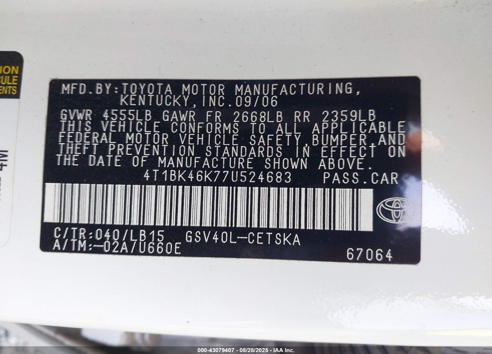 2007 TOYOTA CAMRY SE V6 VIN: 4T1BK46K77U524683
