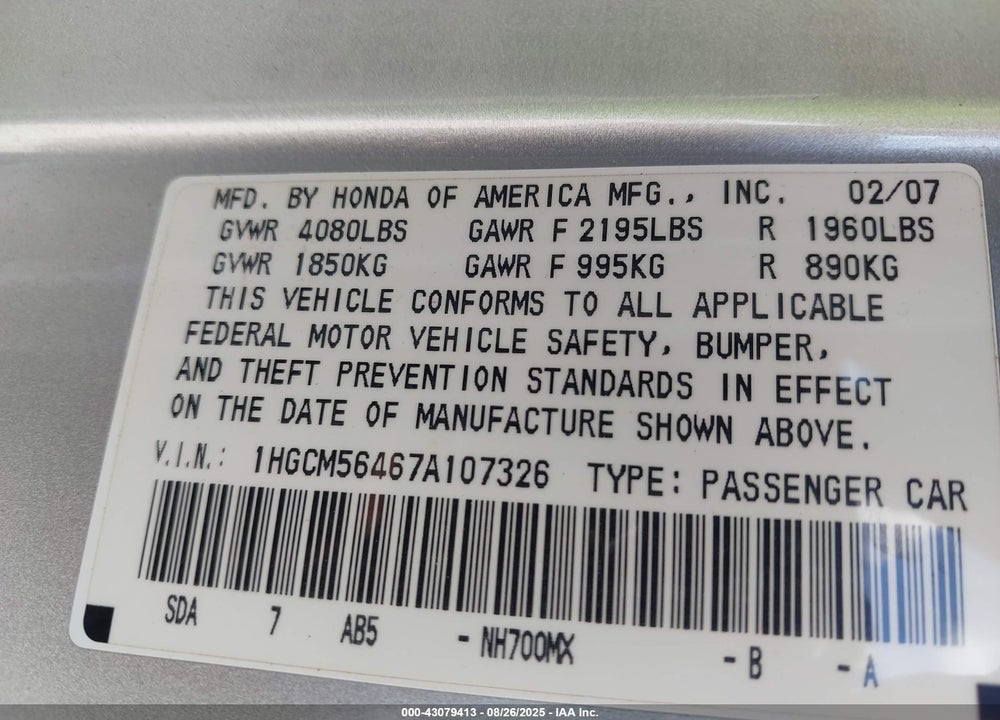 2007 HONDA ACCORD 2.4 LX VIN: 1HGCM56467A107326
